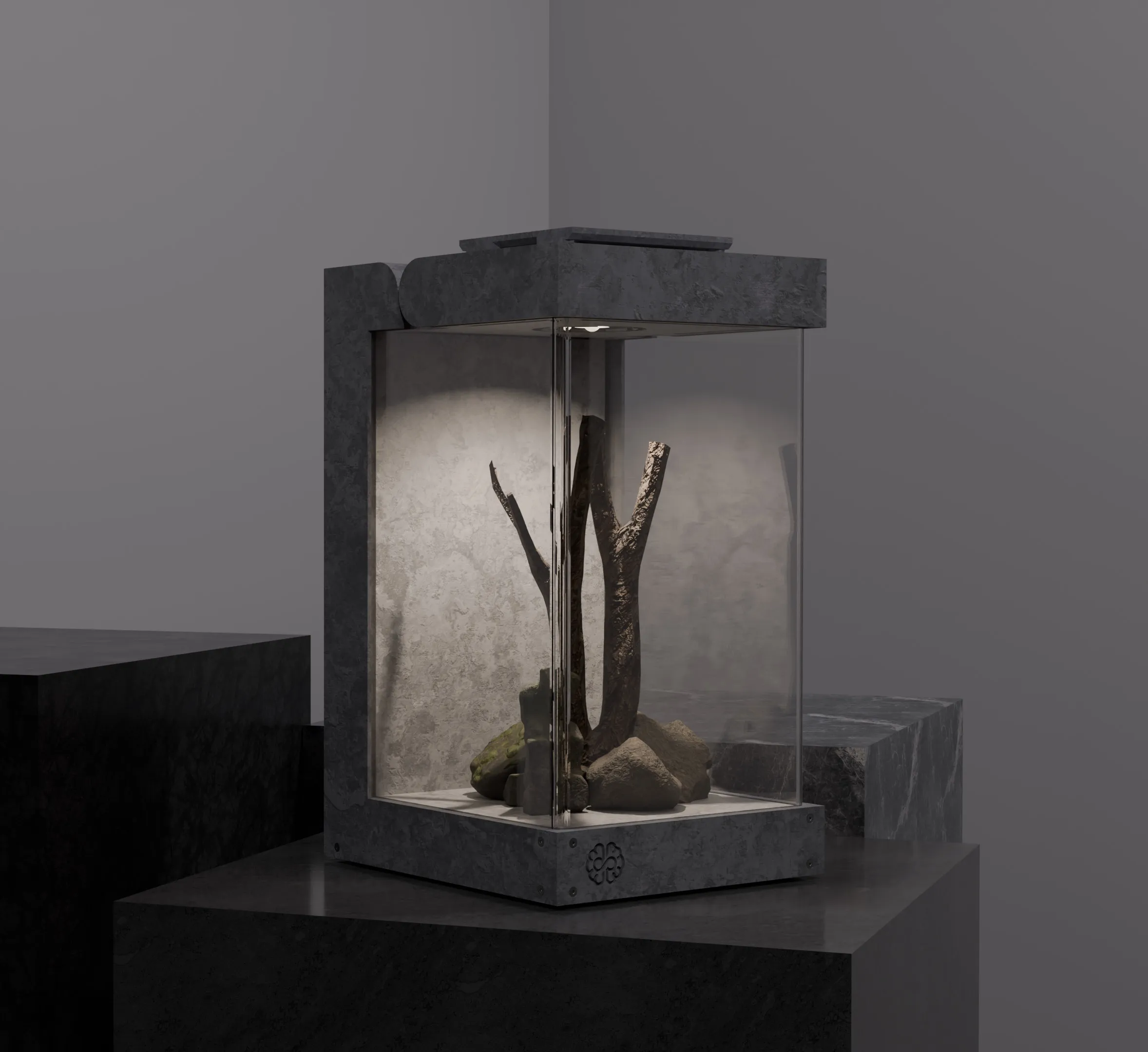Serenéa shell on a stone plinth, hardscape in place